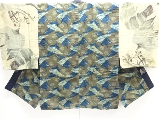 JAPANESE KIMONO / ANTIQUE MENS HALF JUBAN / SILK / CHIRIMEN / FOLDING FAN & FLOWERS & BIRDS
